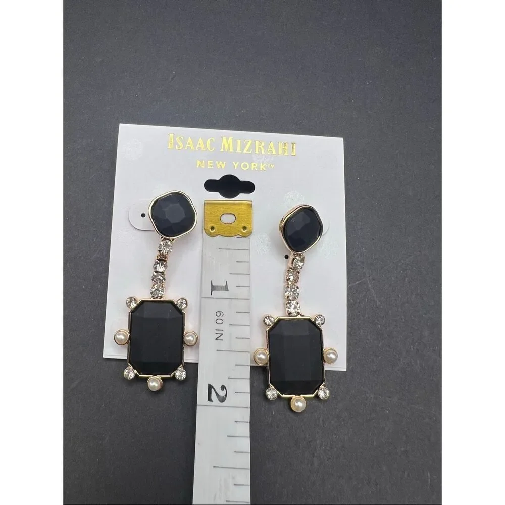 New! Isaac Mizrahi New York Gold Matte Black Drop Rhinestone Faux Pearl Earrings